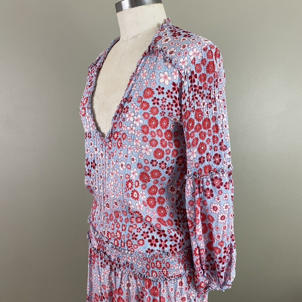 Poupette St Barth $430 Womens Floral Mini Dress XS Blue Rayon V-Neck Beach Boho - Picture 5 of 11